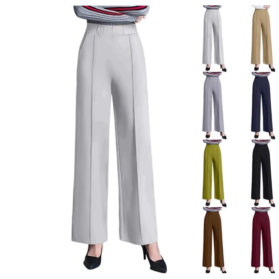 High Waisted Work Pants for Women Wide Leg Dressy Pants Business Casual Trousers 2025 Summer Slacks with Pockets White L
