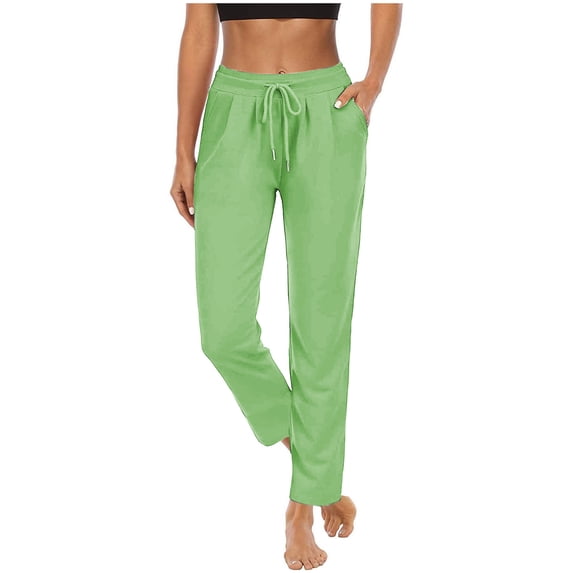 High Waisted Yoga Pants for Women with Pockets - Straight Leg Workout Trousers Fall Winter Solid Color Drawstring Elastic Waist Athletic Pants