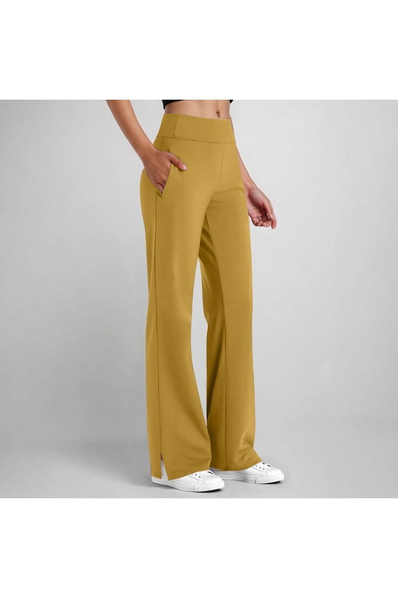 High Waisted Yoga Pants for Women with Pockets Stretch Flare Stright Leg Tummy Control Split Hem Bottoms Summer Casual Walking Homewear Trousers