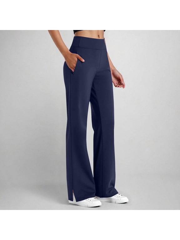 High Waisted Yoga Pants for Women with Pockets Stretch Flare Stright Leg Tummy Control Split Hem Bottoms Summer Casual Walking Homewear Trousers