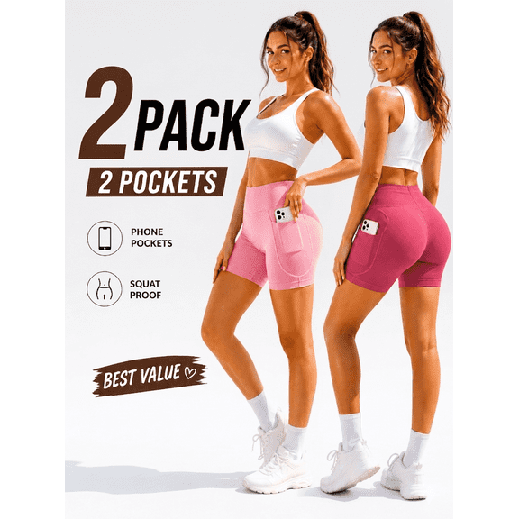 Women's 2 Pack Biker Shorts with 2 Pockets, High Waisted Butt Lift Yoga Workout Running Gym Shorts,Light Pink, Dark Pink