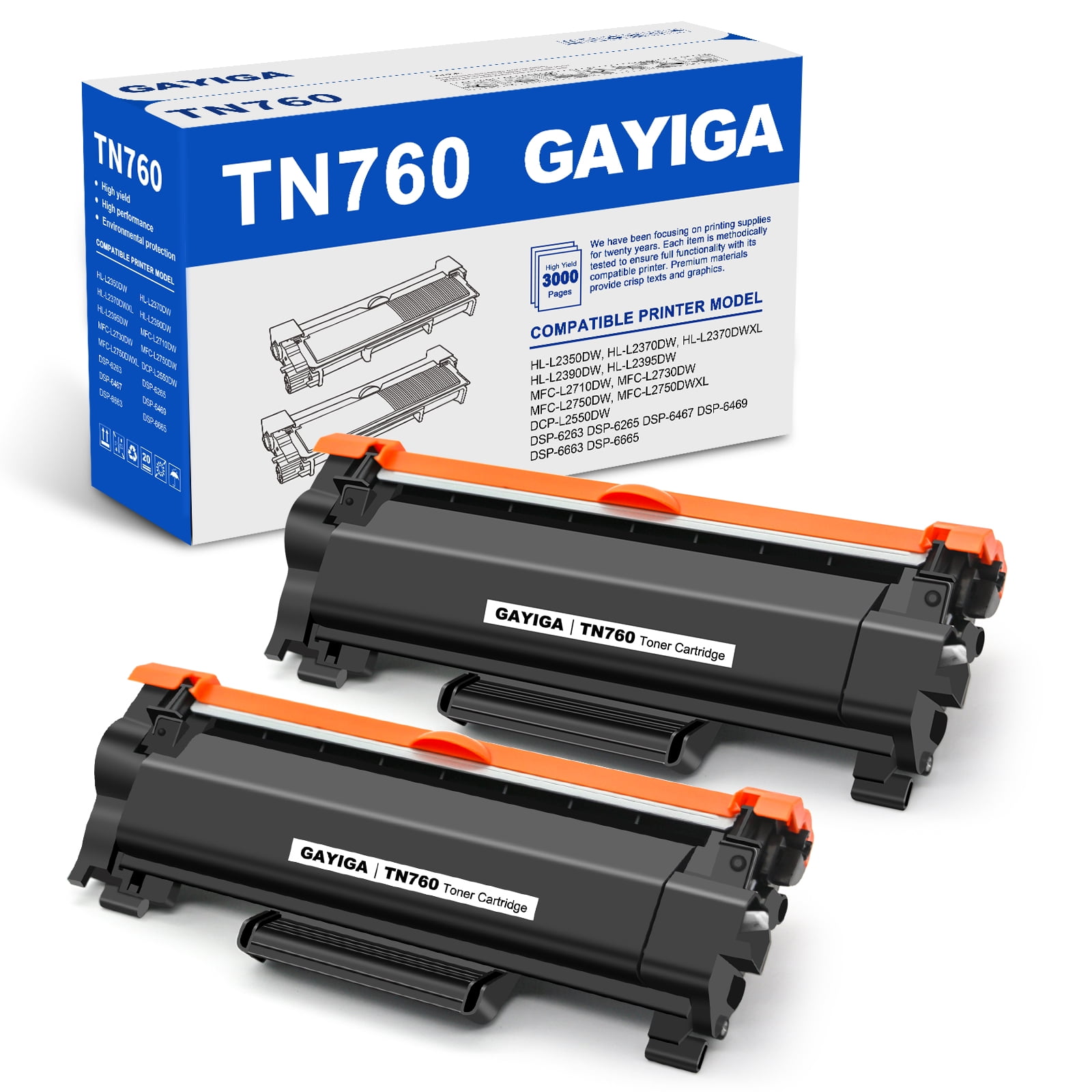 High Yield 2 Pack TN760 Black Toner Cartridge Replacement For Brother ...