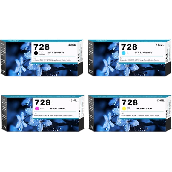 High Yield 728 Ink Cartridges F9J68A F9K17A F9K16A F9K15A Replacement for DesignJet T830 MFP T730 Large Format Plotter Printer Ink(Matte Black:300ML;Cyan,Magenta,Yellow:130ML)