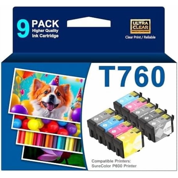 High Yield 760 T760 Ink Cartridge T7601 T7602 T7603 T7604 T7605 T7606 T7607 T7608 T7609 Ultrachrome HD Ink Set Compatible for Epson SureColor P600 Inkjet Printer,9 Pack