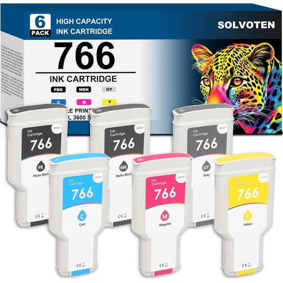 High Yield 766 Ink Cartridges 300ml P2V89A P2V90A P2V91A P2V92A P2V93A P2V94A Ink Compatible with DesignJet XL 3600 Series Printer Ink (6-Pack)