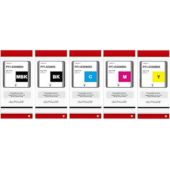 High Yield PFI-030 PFI030 Ink Cartridge 55-ml Set Compatible PFI-030MBK PFI-030BK PFI-030C PFI-030M PFI-030Y Compatible for Canon imagePROGRAF TA-20 TA-30 TM-240 TM-340 Printer (5 Pack)