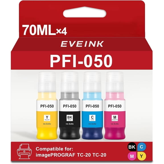 High Yield PFI-050 PFI 050 Pigment Ink Tank 70ML Compatible for Canon imagePROGRAF TC-20 TC-20M TC-21 TC-21M Printer (4-Pack,Black Cyan Magenta Yellow)