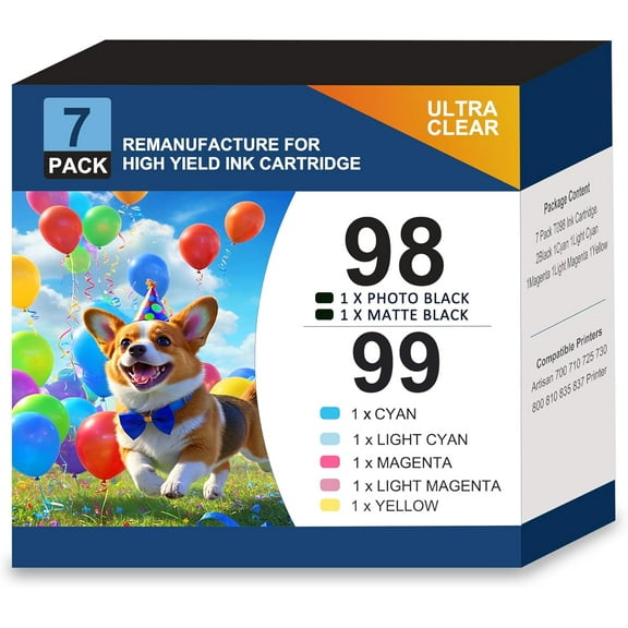 High Yield T098 T099 Ink Cartridge Compatible for Epson Artisan 700 710 725 730 800 810 835 837 Printer (7 Pack, 2B/C/M/Y/LC/LM)