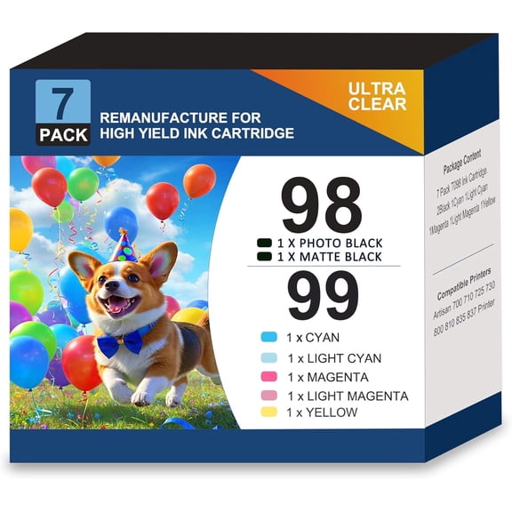 High Yield T098 T099 Ink Cartridge Replacement for EPSON Artisan 700 710 725 730 800 810 835 837 Printer (7 Pack, 2B/C/M/Y/LC/LM)