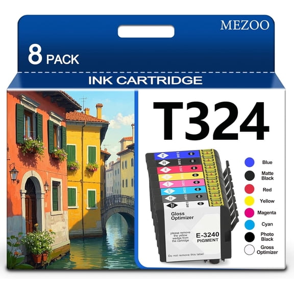 High Yield T324 Ink Cartridge UltraChrome HG2 Ink T3240 T3241 T3242 T3243 T3244 T3247 T3248 T3249 Compatable for SureColor P400 Printer(8-Pack,GO/PB/C/M/Y/R/MB/O)