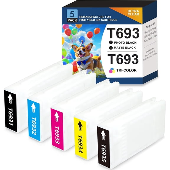 High Yield  T693 Ink Cartridge T6931 T6932 T6933 T6934 T6935 Ink Compatible for Epson SureColor SC-T3000 T7000 T7270 T3270 T5720D T5720 T3270 T7270D T5000 Printer 350ml,5 Pack