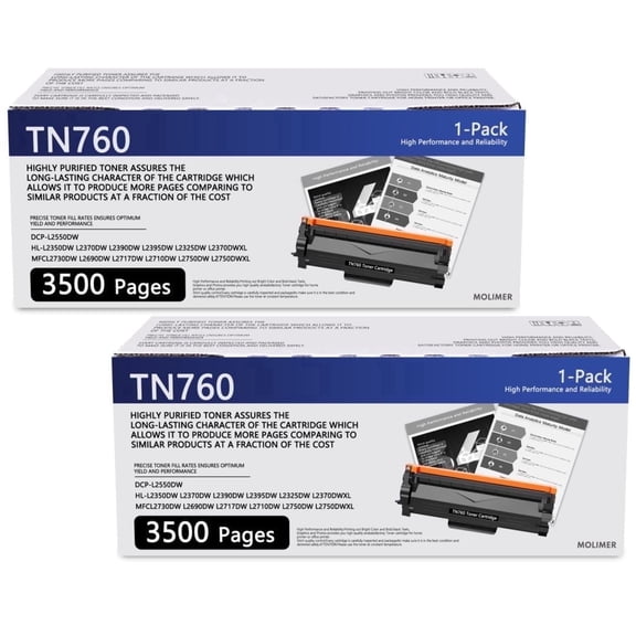 TN760 TN 760 Toner Cartridge 2-Pack Black High Yield Compatible for Brother TN-760 TN730 TN 730 for DCP-L2550DW MFC-L2750DW HL-L2370DW Printer