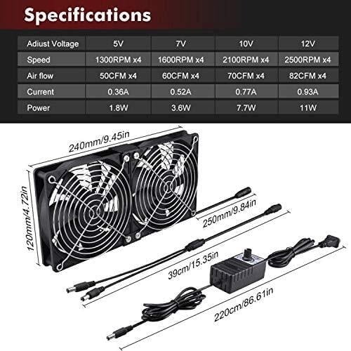 High-airflow 2 x 120mm 240mm computer fans with AC power plug