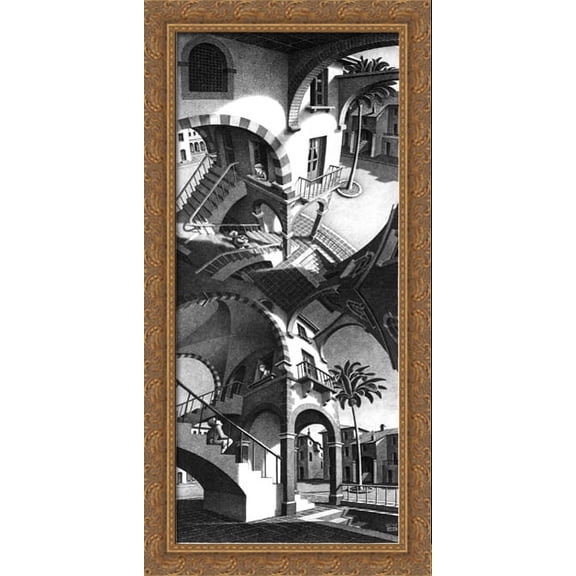 High and Low 18x40 Large Gold Ornate Wood Framed Canvas Art by M.C. Escher