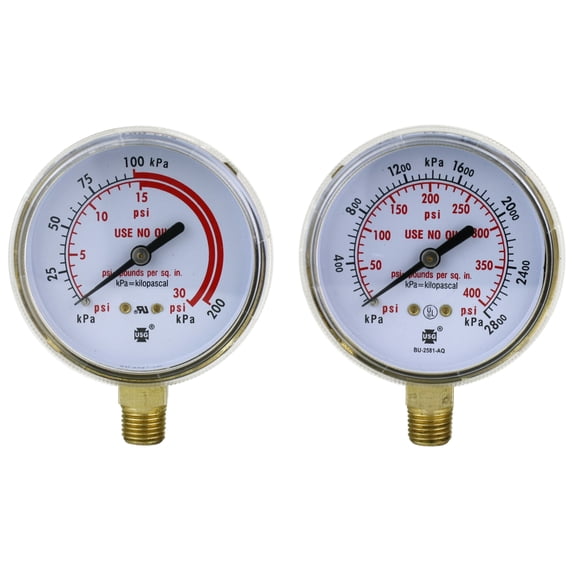 High and Low Pressure Gauge for Heavy-Duty Acetylene/Propane Regulators 0-400 psi & 0-30 psi - 2.5 inches - Thread: 1/4" NPT