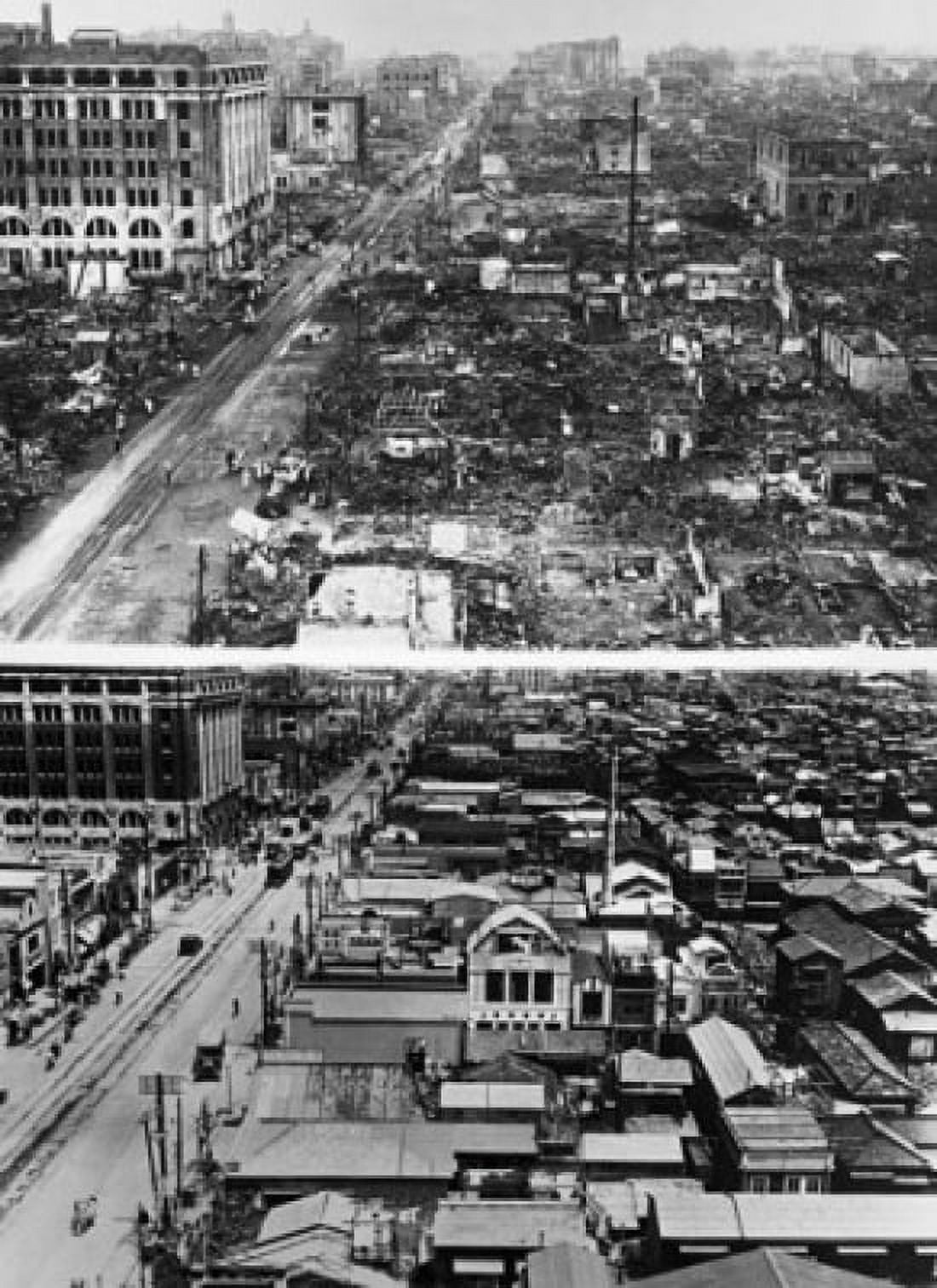 High angle view of Nihonbashi Street in Tokyo after the earthquake of September 1 1923 and four years later on September 1 1927 Japan Canvas Art - (24 x 36)
