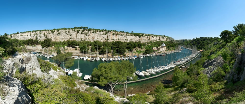 High angle view of boats at marina Calanque de Port-Miou Cassis Bouches-Du-Rhone Provence-Alpes-Cote DAzur France Canvas Art - Panoramic Images (22 x 9)