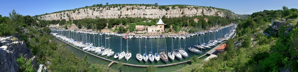 High angle view of boats at marina Calanque de Port-Miou Cassis Bouches-Du-Rhone Provence-Alpes-Cote DAzur France Canvas Art - Panoramic Images (36 x 12)