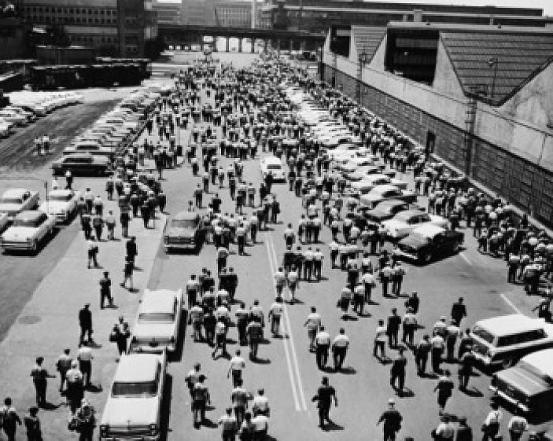 High angle view of a group of industrial laborers walking on a road River Rouge Plant Ford Motor Company Dearborn Michigan USA Canvas Art -  (24 x 36)