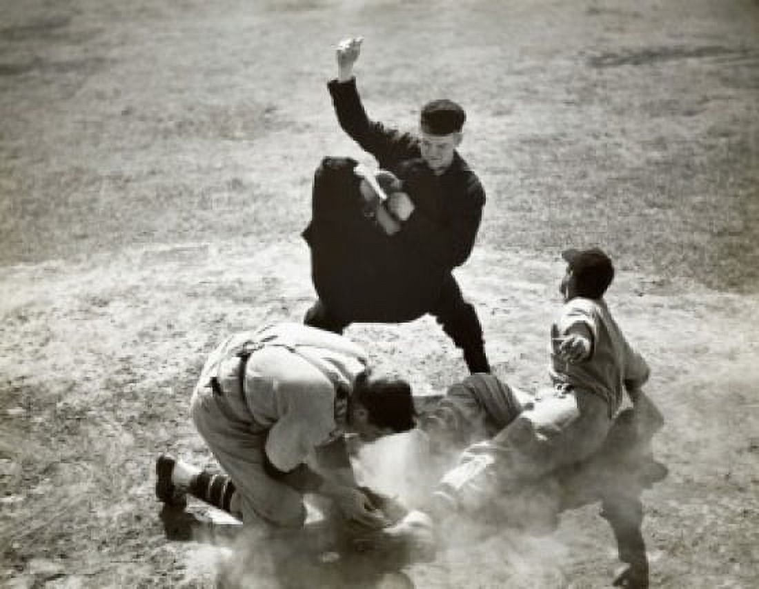 High angle view of a baseball player sliding on home base and a catcher trying to tag him Canvas Art - (18 x 24)