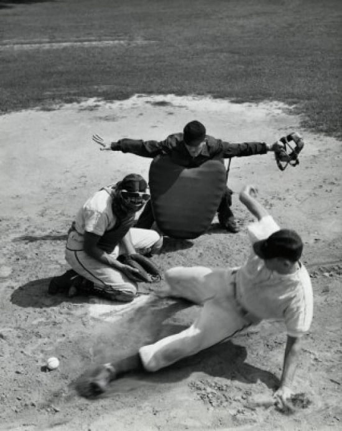High angle view of a baseball player sliding on home base and a catcher trying to tag him Canvas Art -  (18 x 24)