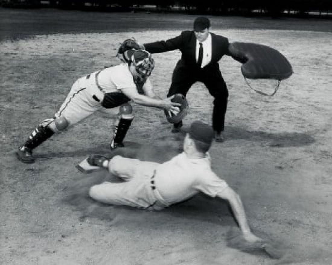 High angle view of a baseball player sliding on home base and a catcher trying to tag him Canvas Art - (24 x 36)