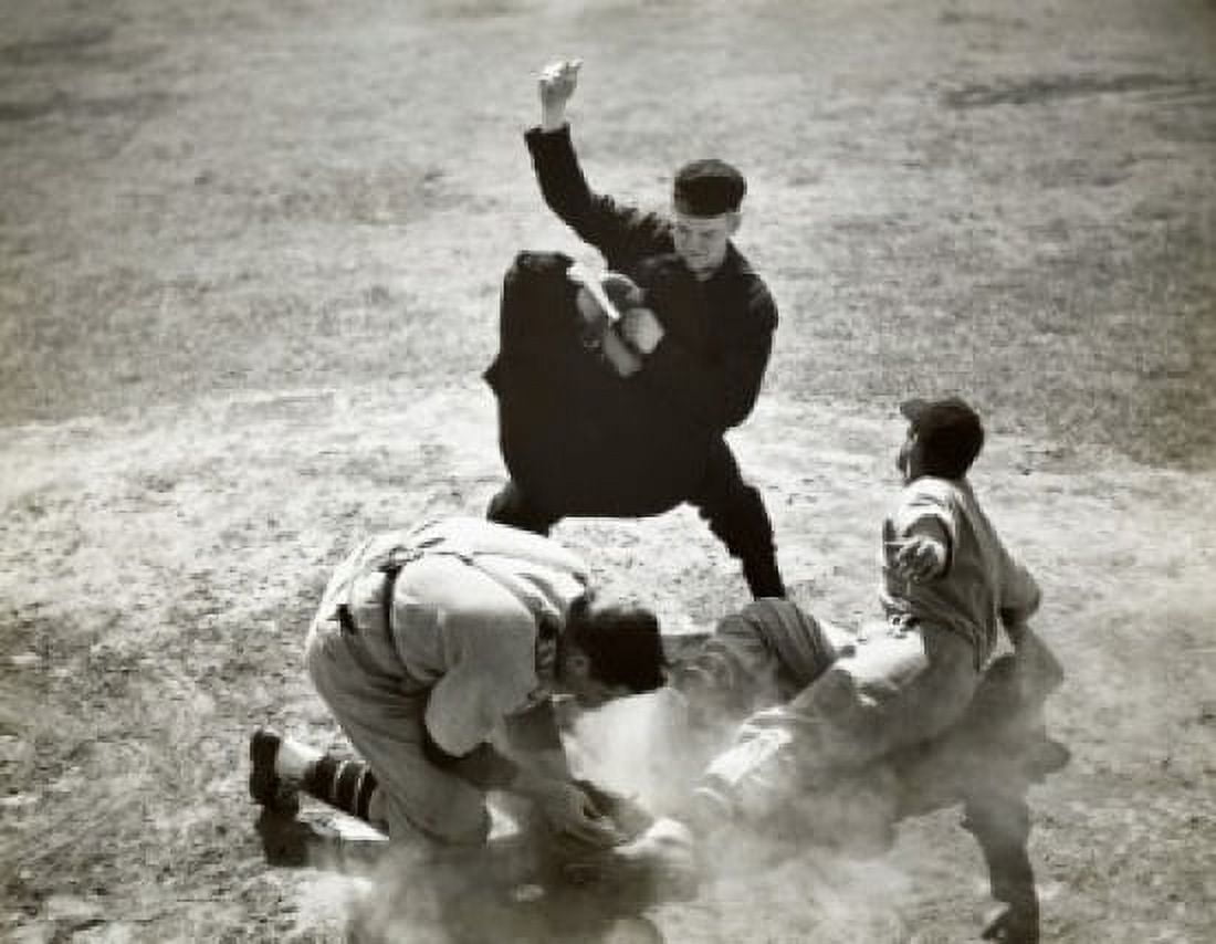 High angle view of a baseball player sliding on home base and a catcher trying to tag him Canvas Art - (24 x 36)