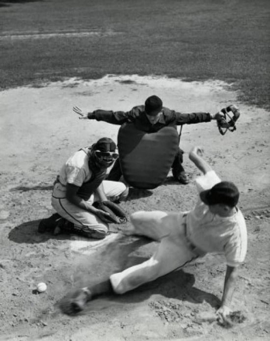 High angle view of a baseball player sliding on home base and a catcher trying to tag him Canvas Art - (24 x 36)
