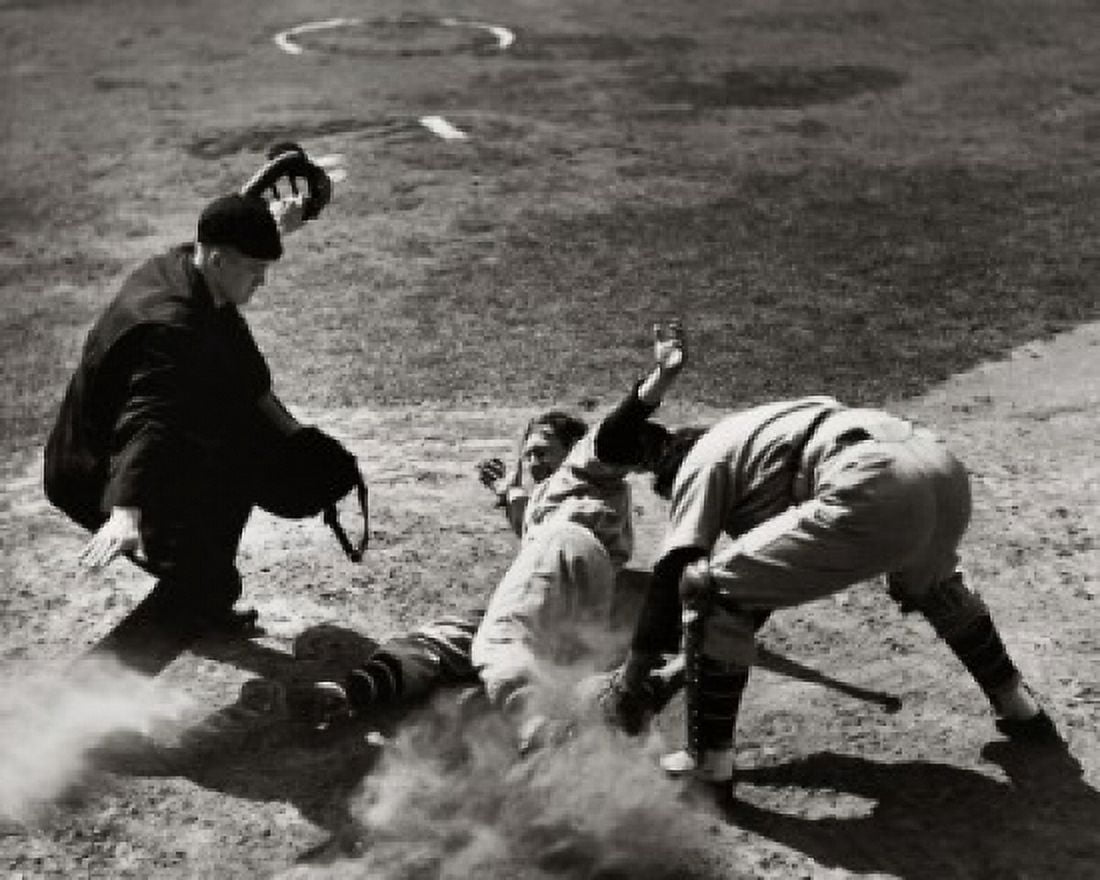High angle view of a baseball player sliding on home plate with a catcher attempting to tag him Canvas Art - (18 x 24)