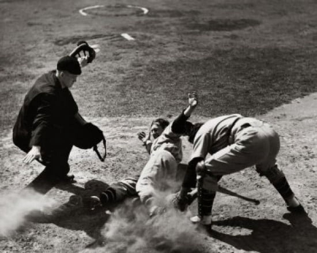 High angle view of a baseball player sliding on home plate with a catcher attempting to tag him Canvas Art -  (24 x 36)