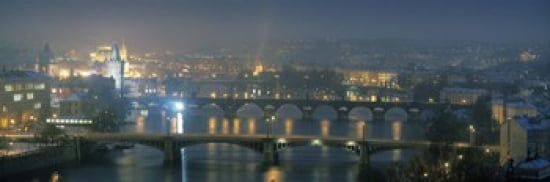 High angle view of a bridge at dusk Charles Bridge Prague Czech Republic Canvas Art - Panoramic Images (36 x 12)