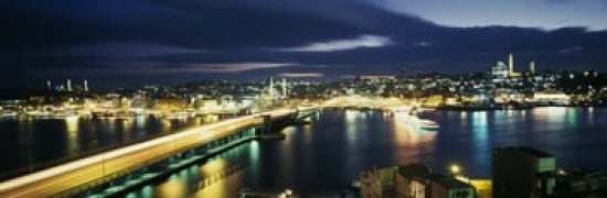 High angle view of a bridge lit up at night Istanbul Turkey Canvas Art - Panoramic Images (36 x 12)