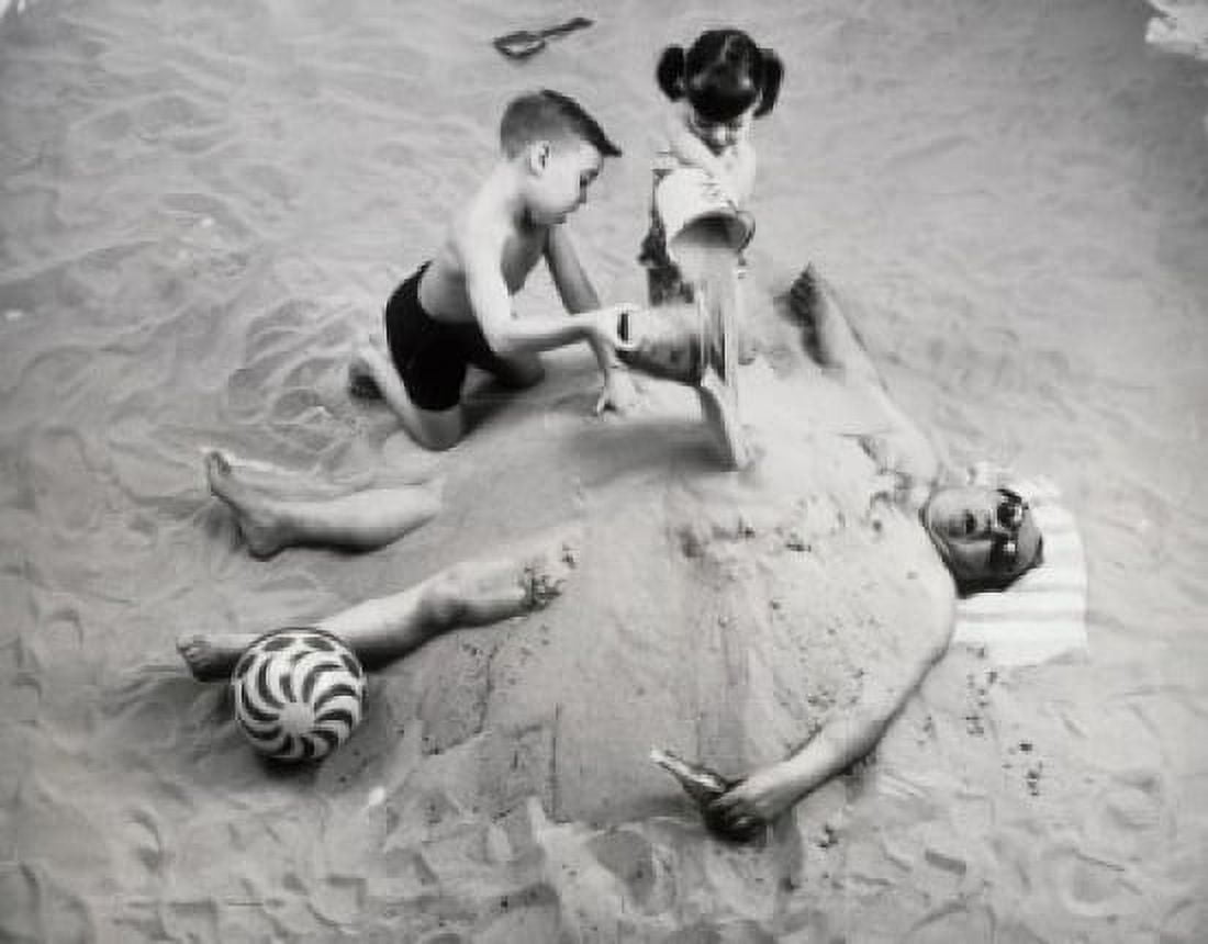 High angle view of a brother and his sister burying their father on the beach Canvas Art - (18 x 24)