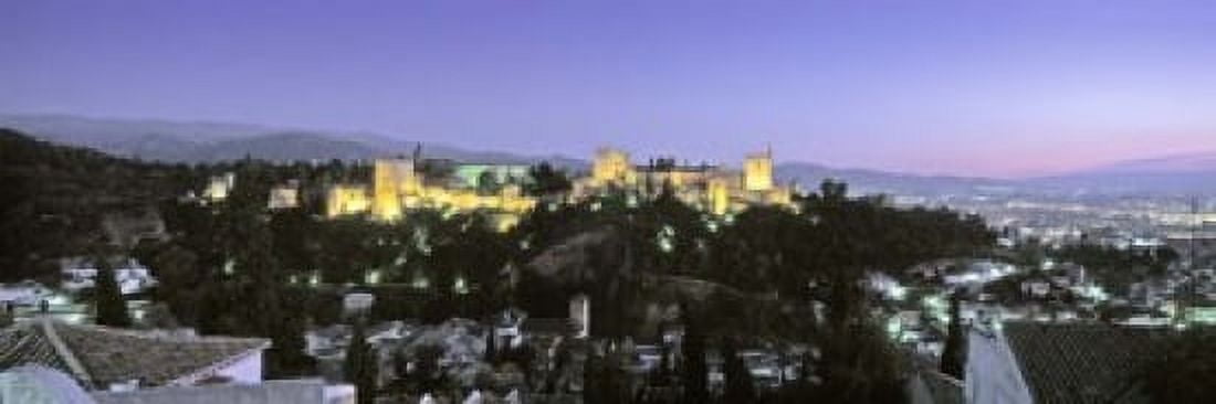 High angle view of a castle lit up at dusk Alhambra Granada Andalusia Spain Canvas Art - Panoramic Images (18 x 6)
