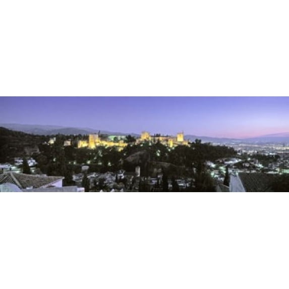 High angle view of a castle lit up at dusk, Alhambra, Granada, Andalusia, Spain Poster Print (18 x 6)