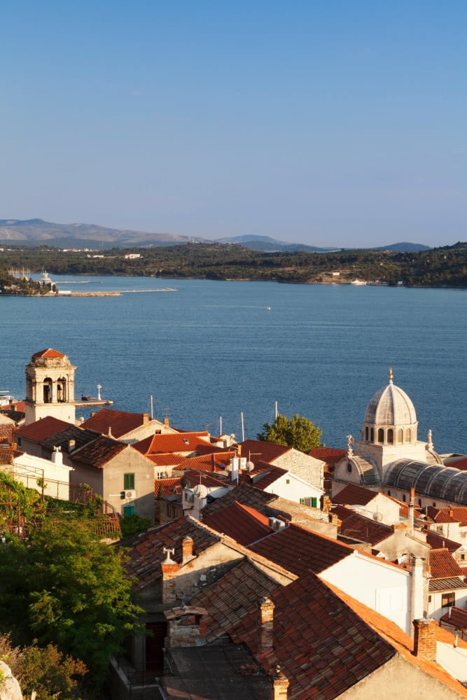 High angle view of a cathedral in a town on the coast Sibenik Cathedral Sibenik Dalmatia Croatia Canvas Art - Panoramic Images (36 x 12)
