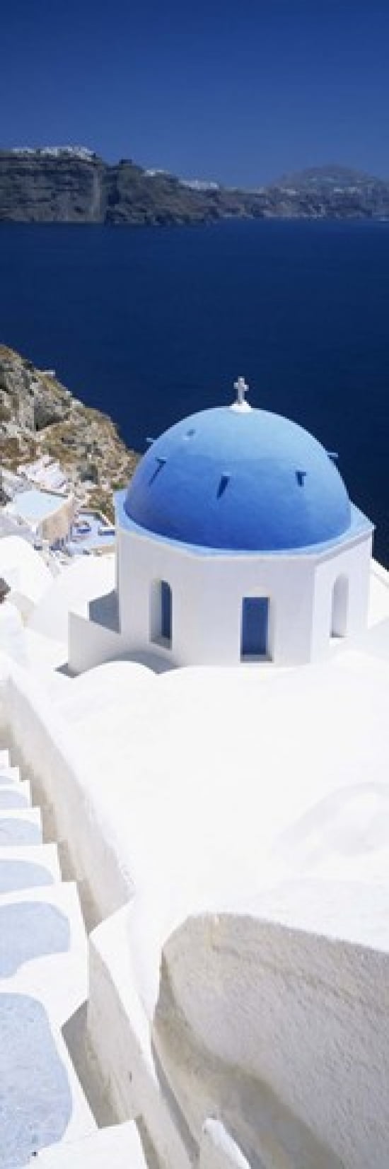 High angle view of a church with blue dome Oia Santorini Cyclades Islands Greece Canvas Art - Panoramic Images (36 x 12)