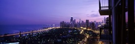 High angle view of a city at night Lake Michigan Chicago Cook County Illinois USA Canvas Art - Panoramic Images (36 x 12)