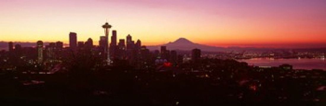 High angle view of a city at sunrise Seattle Mt Rainier King County Washington State USA 2013 Canvas Art - Panoramic Images (18 x 6)