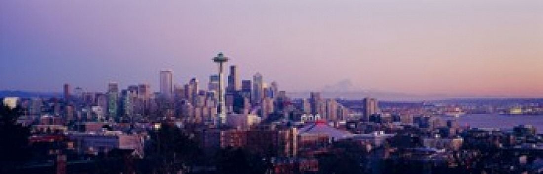 High angle view of a city at sunrise Seattle Mt Rainier King County Washington State USA 2013 Canvas Art - Panoramic Images (36 x 12)