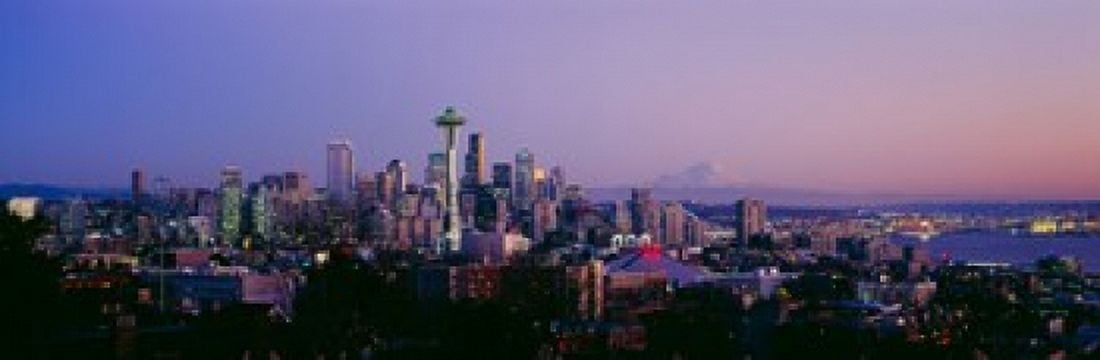 High angle view of a city at sunrise Seattle Mt Rainier King County Washington State USA 2013 Canvas Art - Panoramic Images (36 x 12)