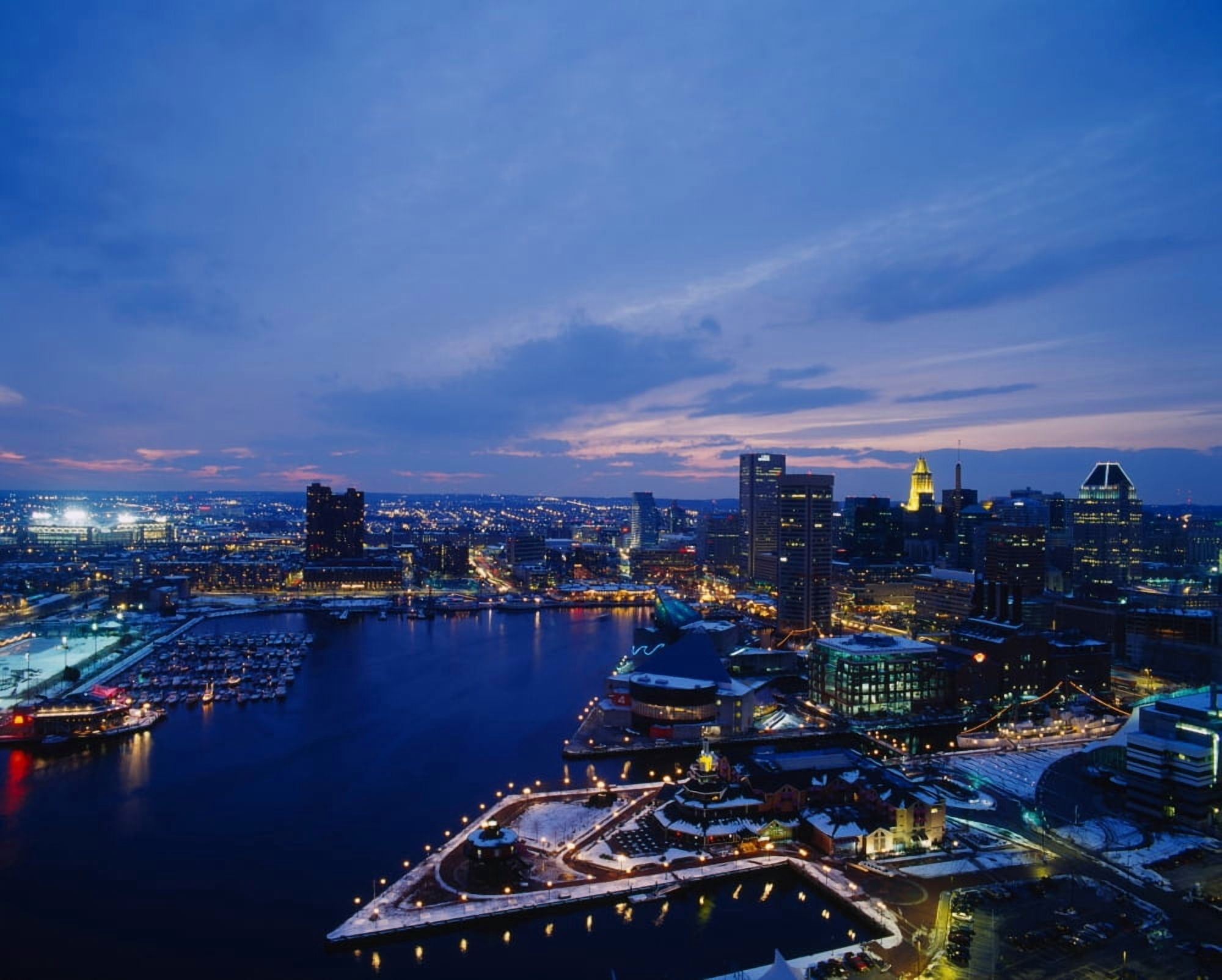 High angle view of a city lit up at dusk Baltimore Maryland USA Canvas Art - Panoramic Images (29 x 36)
