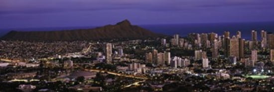 High angle view of a city lit up at dusk Honolulu Oahu Honolulu County Hawaii USA 2010 Canvas Art - Panoramic Images (36 x 12)