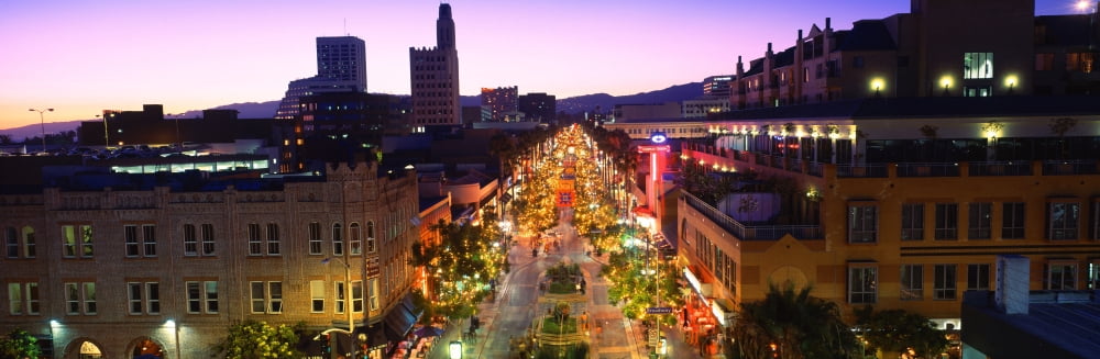 High angle view of a city lit up at dusk Third Street Promenade Santa Monica California USA Canvas Art - Panoramic Images (27 x 9)