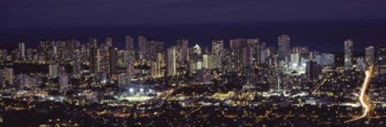 High angle view of a city lit up at night Honolulu Oahu Honolulu County Hawaii USA 2010 Canvas Art - Panoramic Images (36 x 12)