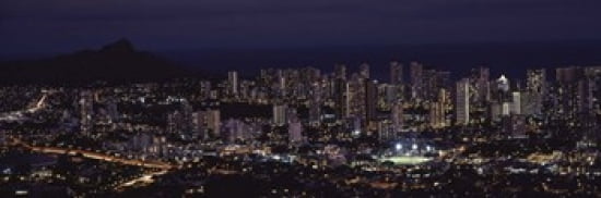 High angle view of a city lit up at night Honolulu Oahu Honolulu County Hawaii USA Canvas Art - Panoramic Images (36 x 12)