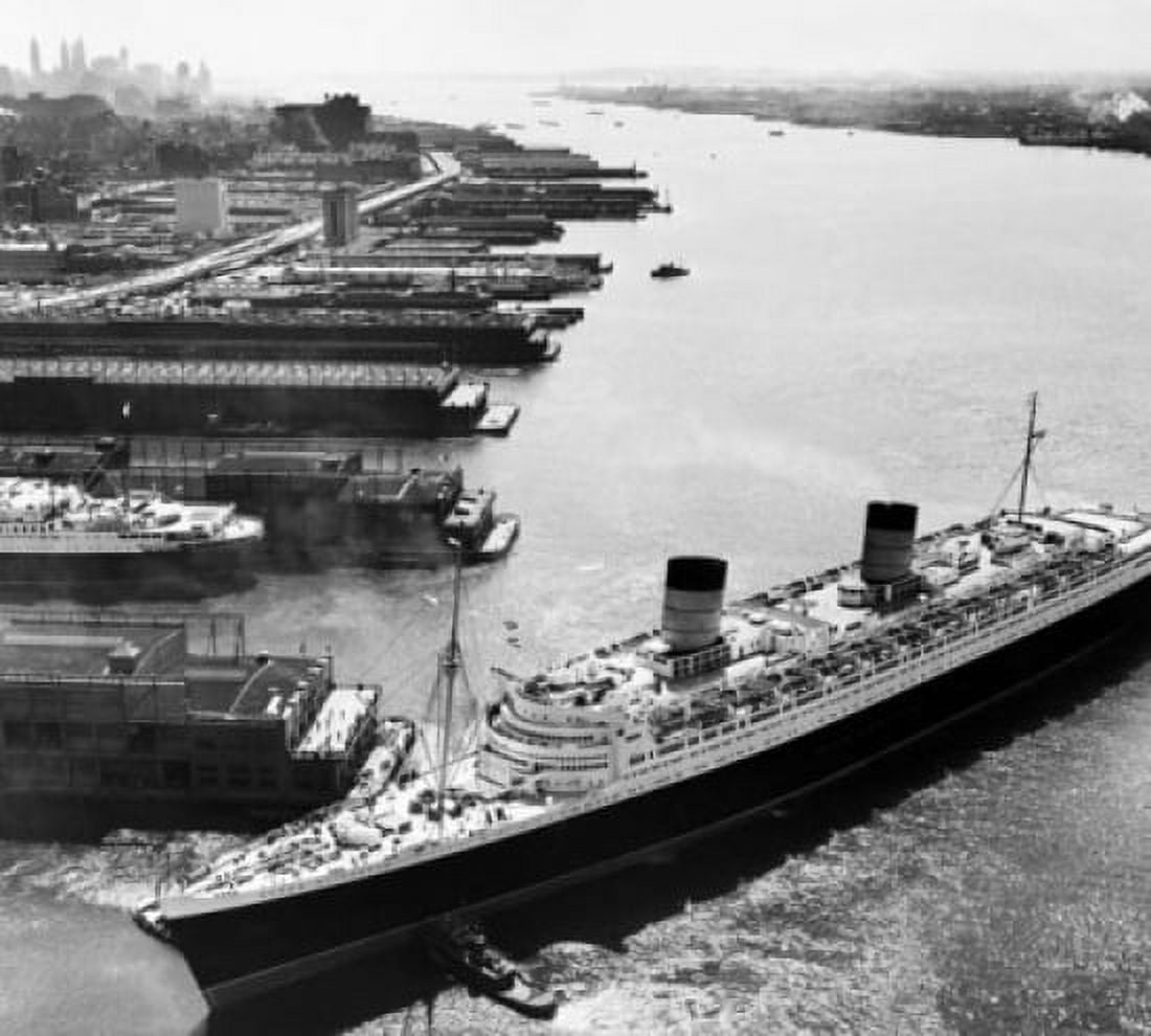 High angle view of a cruise ship at a harbor RMS Queen Elizabeth II Hudson River New York City New York State USA Canvas Art - (24 x 36)