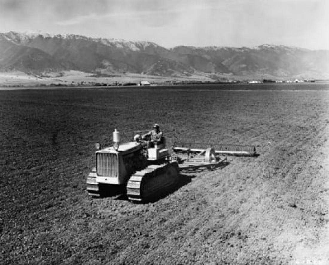 High angle view of a farmer plowing a field with a chisel plow California USA Canvas Art - (18 x 24)