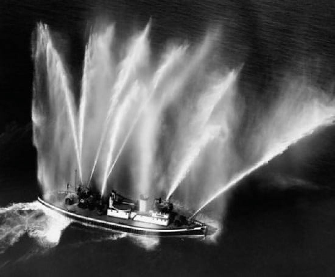 High angle view of a fireboat spraying water in the sea Canvas Art - (18 x 24)