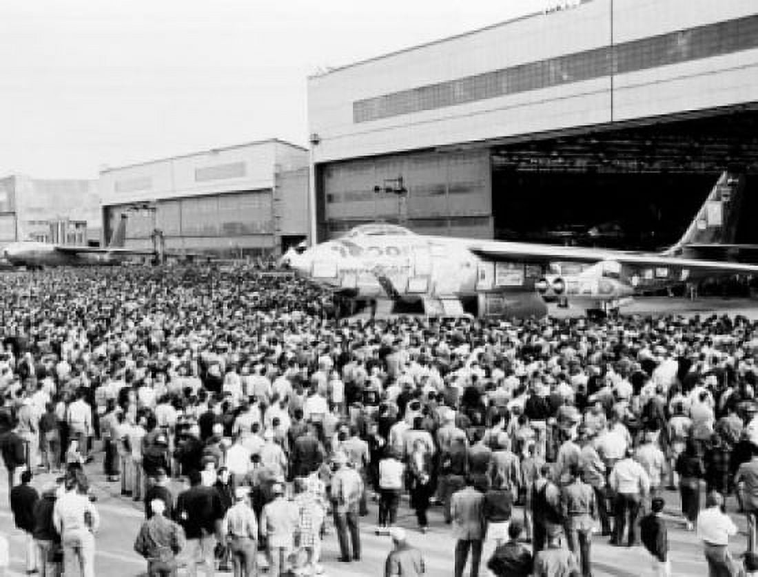 High angle view of a group of people looking at a military airplane B-47 Stratojet Canvas Art -  (18 x 24)